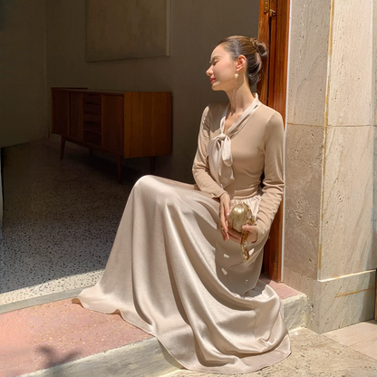 【ワンピース】春 秋 冬  リボンタイ 切り替え 長袖 ワンピース 【JZシリーズ】