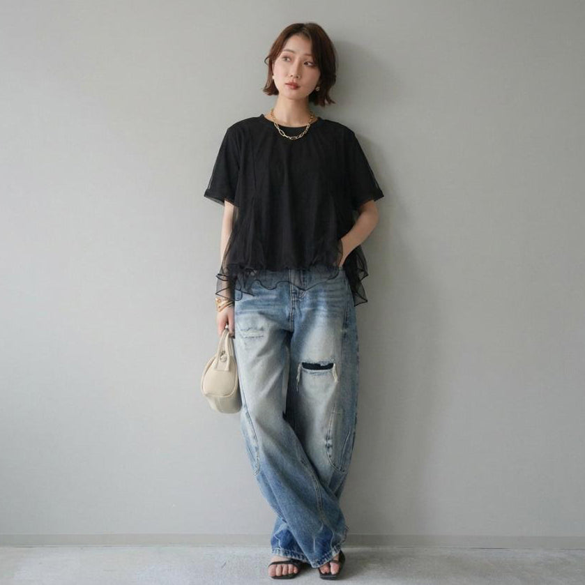 【トップス】Tシャツ 夏 シアー切替 メッシュ 立体デザイン クルーネック きれいめ 通勤 カジュアル【JZシリーズ】