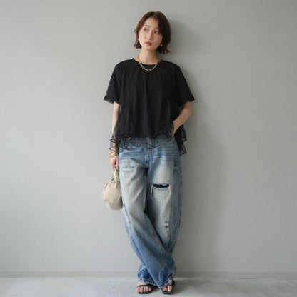 【トップス】Tシャツ 夏 シアー切替 メッシュ 立体デザイン クルーネック きれいめ 通勤 カジュアル【JZシリーズ】