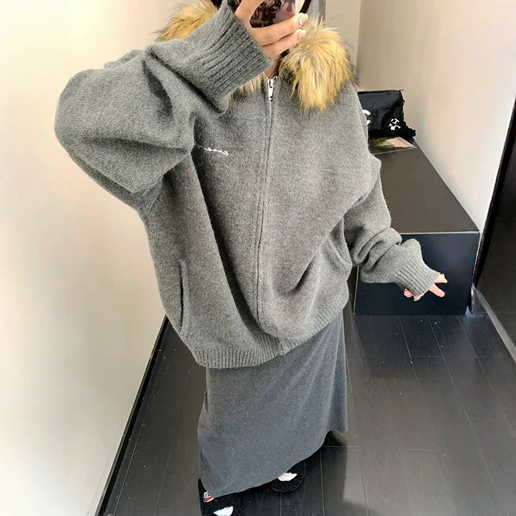 【アウター】春 秋 冬 ファーフード ヘビーウェイト 厚手 ニット ジャケット 【FCシリーズ】