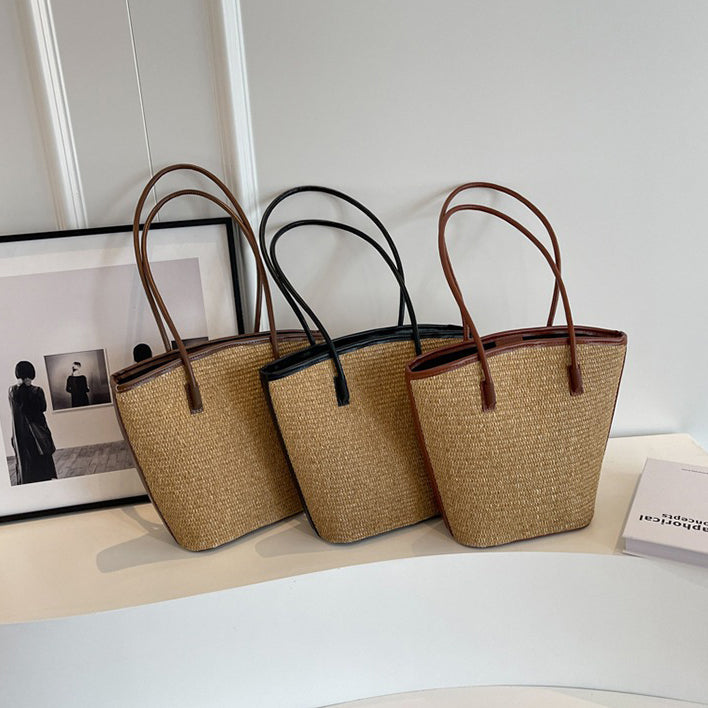 内袋プレゼント！【バッグ】ラフィア風トートバッグ 大容量 通勤OK 流行バケツ型ショルダー