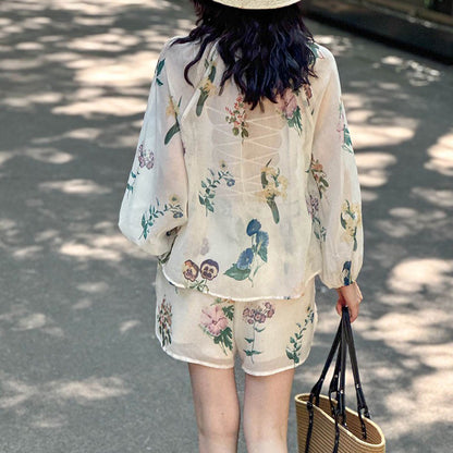 2点セット!【セットアップ】韓国風 ゆったりプリントUVカットシャツ＋ハイウエストショートパンツ 上下セットアップ【SHシリーズ】【JZシリーズ】