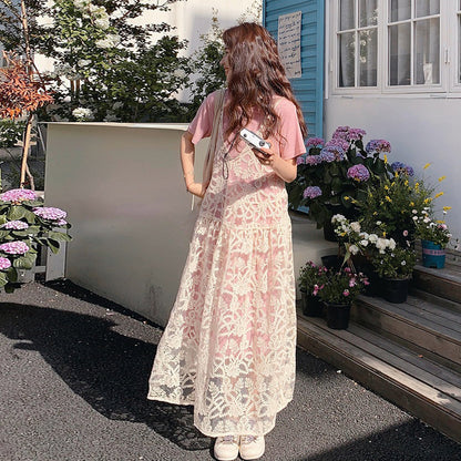 2点セット！【セットアップ】夏新作 シアーシャツ＋Tシャツワンピース レイヤード風 ゆったり 体型カバー カジュアル きれいめ【SHシリーズ】