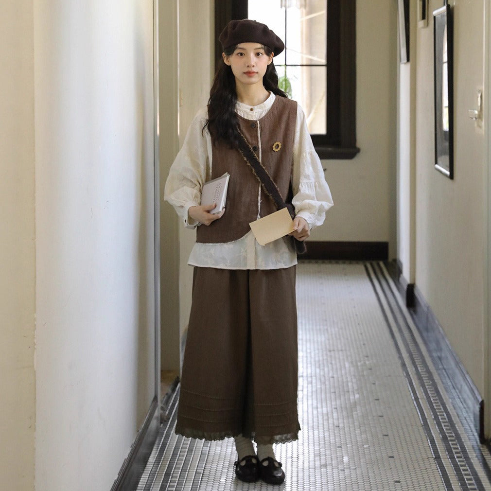 【単品注文】【セットアップ】秋新作  レディース 長袖シャツ + 刺繍ベスト+パンツ  デザイン感  レトロ おしゃれ 上下セット【JZシリーズ】