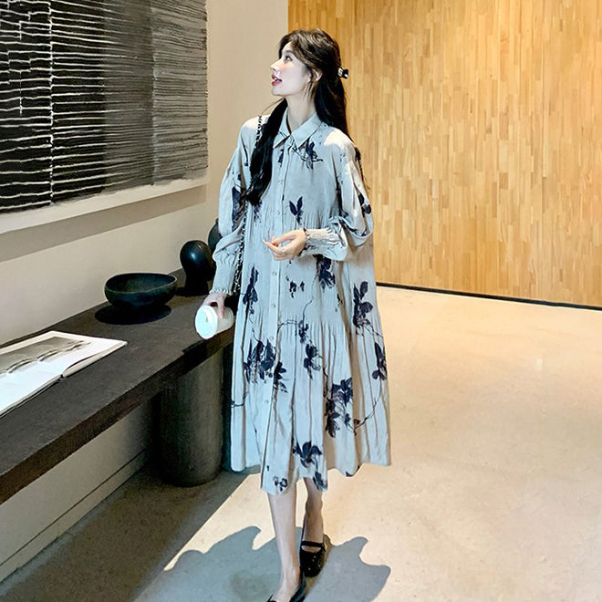 【ワンピース】新中華風 水墨花柄 長袖ワンピース レディース ハイウエスト Aライン トレンド【SHシリーズ】