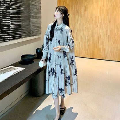 【ワンピース】新中華風 水墨花柄 長袖ワンピース レディース ハイウエスト Aライン トレンド【SHシリーズ】