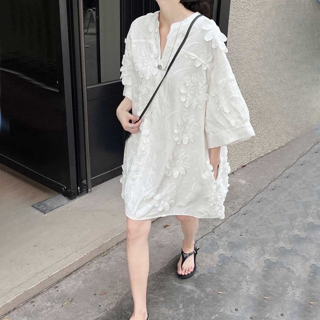 【ワンピース】夏 春 秋 コットン100% エレガント 着痩せ効果 ルーズ 半袖 ワンピース 【SNシリーズ】