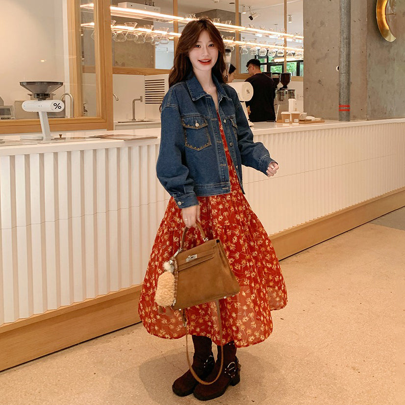 【セットアップ 】超可愛い レトロデニムジャケット＋花柄キャミワンピース レディース おしゃれ 人気ノースリーブワンピース【SHシリーズ】