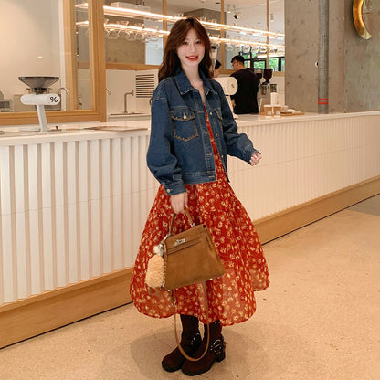 【セットアップ 】超可愛い レトロデニムジャケット＋花柄キャミワンピース レディース おしゃれ 人気ノースリーブワンピース【SHシリーズ】