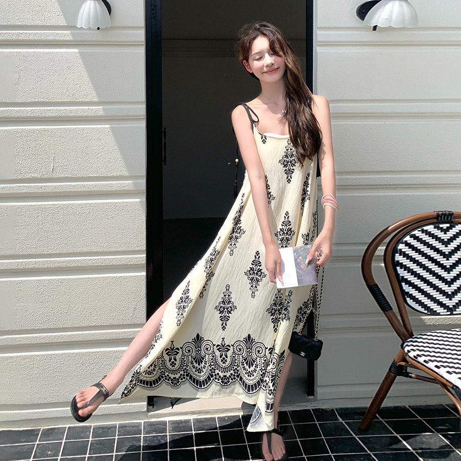 【ワンピース】フレンチリゾート風  夏新作 超映え民族風プリント  ノースリーブワンピース【SHシリーズ】