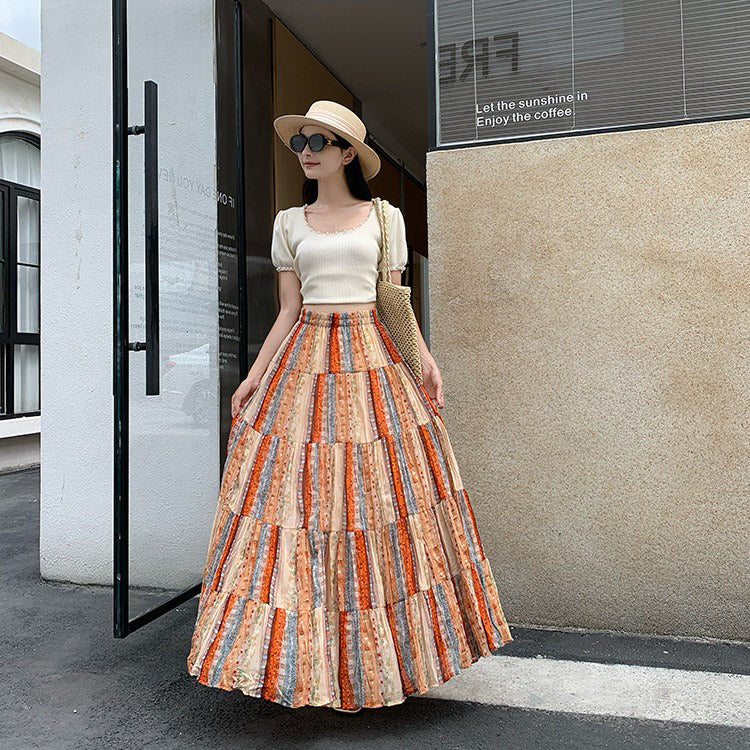 【ボトムス】シフォン花柄ロングスカート レディース 夏 ドレープ感 ティアードデザイン Aラインスカート 着痩せ【SHシリーズ】