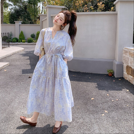 【ワンピース】着回しやすい リボン付き ウエストマーク 小花柄ワンピース 【SHシリーズ】