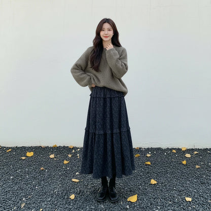 【セットアップ】高級感 ラウンドネック セーター + 花柄 スカート 2点上下セット 【JZシリーズ】