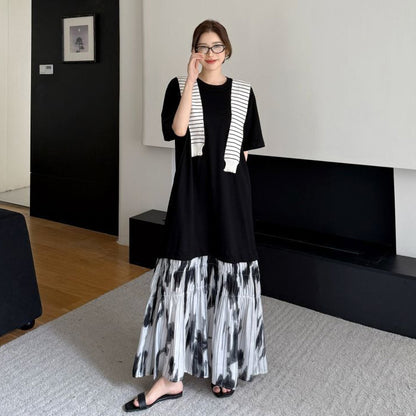 【ワンピース】夏 大きいサイズ レディース 水墨染め フレアスカート 半袖 ワンピース ゆったりサイズ【SHシリーズ】