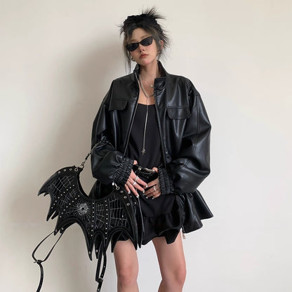 【アウター】春 秋 冬 ファッション ブラック フリル PU ジャケット【FCシリーズ】