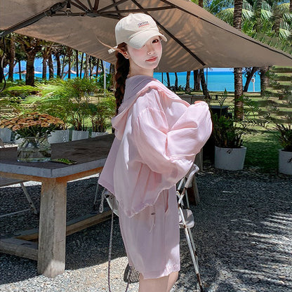 3点セット！【セットアップ】ゆる感たっぷり♡韓国風ピンクUVカットアウター+キャミ＋ショーパンセットアップ 夏の注目 上下セット【JZシリーズ】