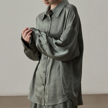 【セットアップ】【単品注文】サテン ゆったり シャツ + フレアプリーツスカート 2点上下セット 【JZシリーズ】