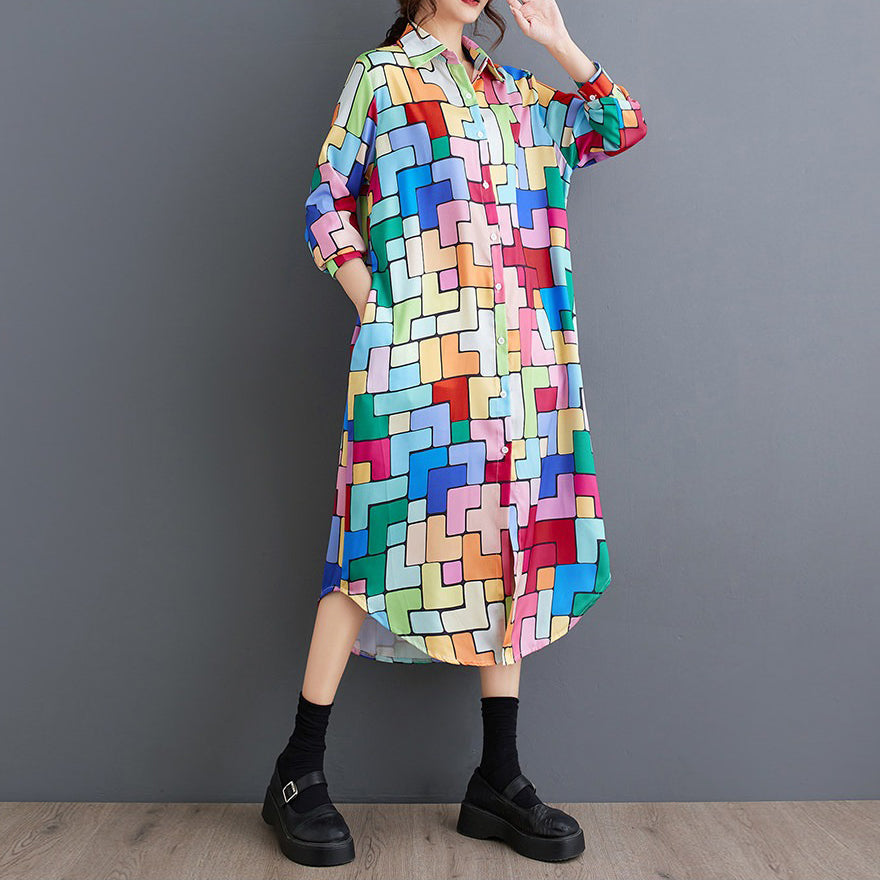 【ワンピース】プリント柄アシンメトリーシャツワンピース レディース 秋新作 大きいサイズ 長袖 ゆったり ロング丈 カジュアル【JZシリーズ】