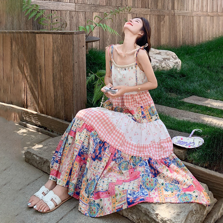 【ワンピース】夏 独特デザイン プリント チェック レースパッチワーク ノースリーブキャミソールワンピース【SHシリーズ】