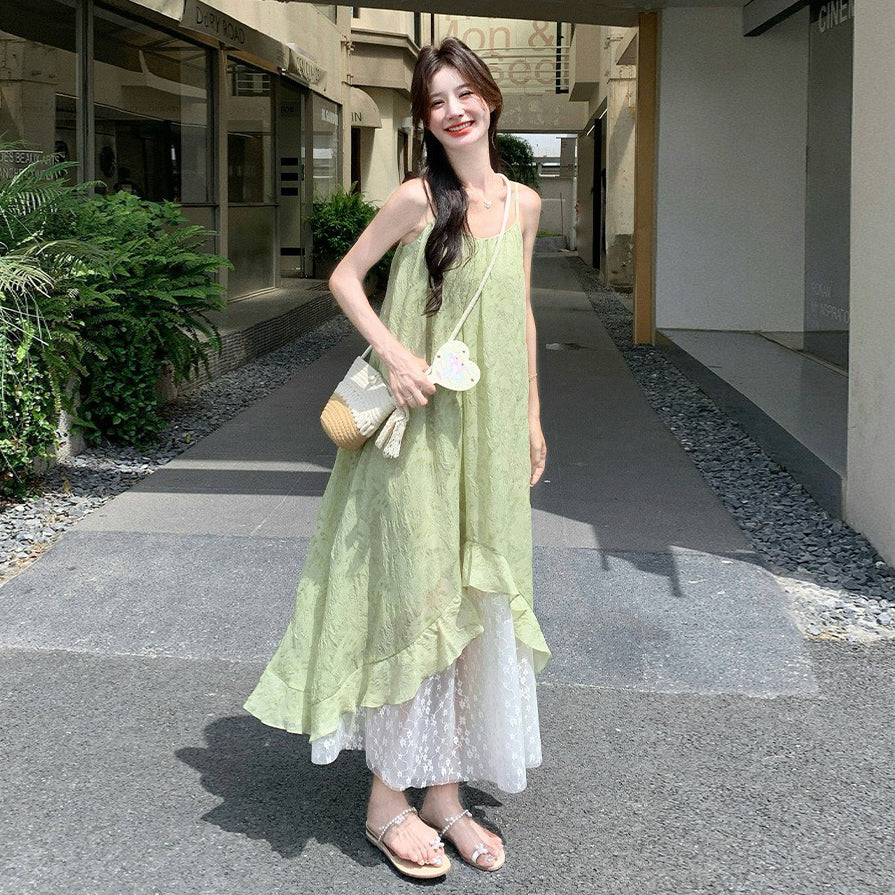 【ワンピース】グリーン ダブルレイヤー 小花柄 キャミワンピース 夏 レディース フェミニン リゾートワンピ【SHシリーズ】