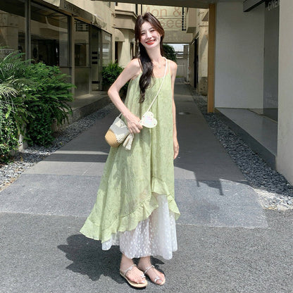 【ワンピース】グリーン ダブルレイヤー 小花柄 キャミワンピース 夏 レディース フェミニン リゾートワンピ【SHシリーズ】