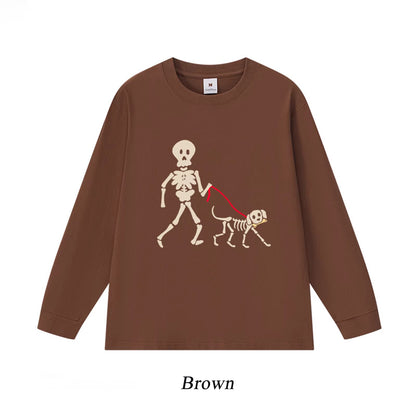 6カラー | S~3XL【トップス】スカル犬 散歩プリント Tシャツ 長袖 ユニセックス ペットオーナー向け カジュアル【FCシリーズ】