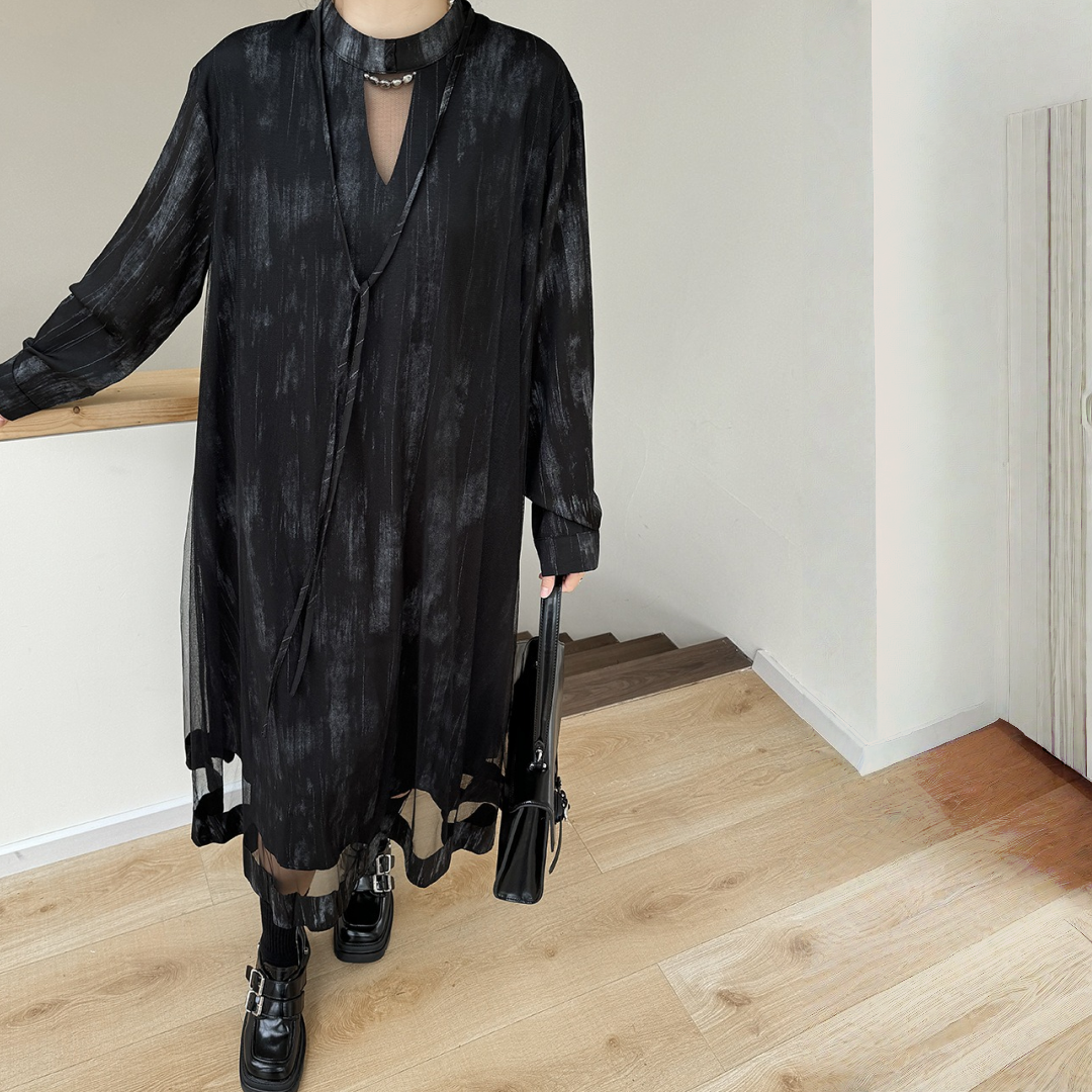 【ワンピース】春 秋 冬 チュール切替 ドッキング風 ロング ワンピース 【AHシリーズ】