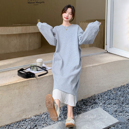 【ワンピース】ゆったり感 リラックス風 バイカラー プリーツ切り替え 長袖ワンピース レディース おしゃれ スウェットワンピース【JZシリーズ】