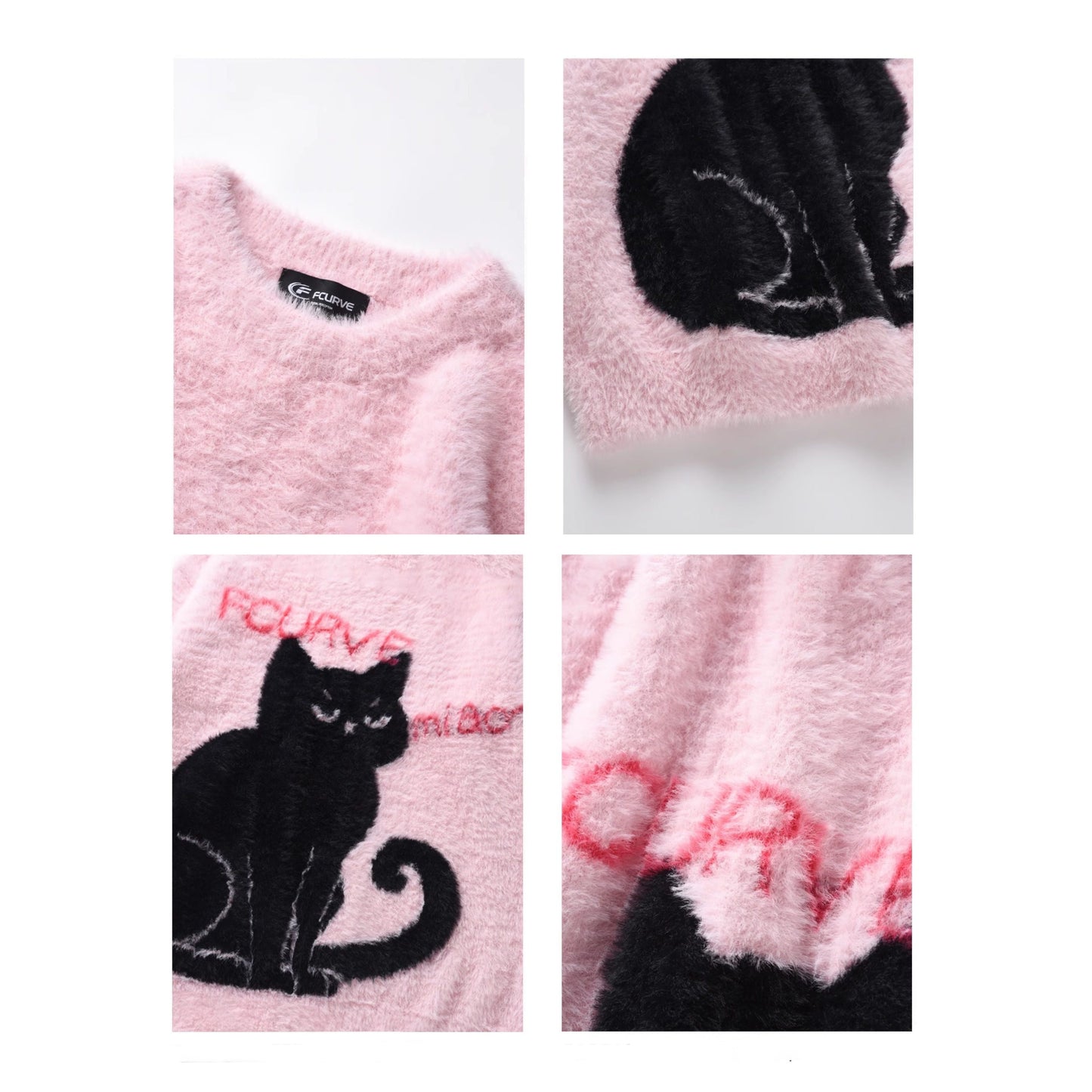 【トップス】クールな黒猫デザイン ニット レディース 秋冬 クルーネック ゆったり プルオーバー【FCシリーズ】