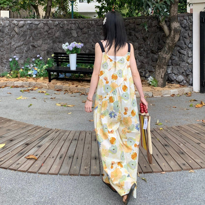 【ボトムス】水彩プリント サロペット レディース 夏 ワイドパンツ ゆったり 体型カバー オールインワン リラックスコーデ 人気【SHシリーズ】