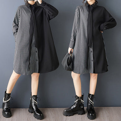 【ワンピース】ダークデザイン 無地×ストライプ 切替 長袖 ワンピース ゆったり【AHシリーズ】