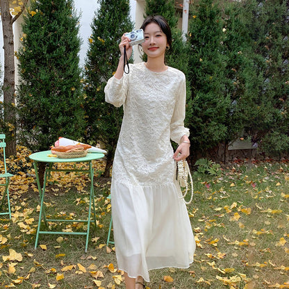 【ワンピース】フレンチ風フェミニンレースワンピース レディース 気品ある軽奢感 花柄長袖ミディドレス【JZシリーズ】