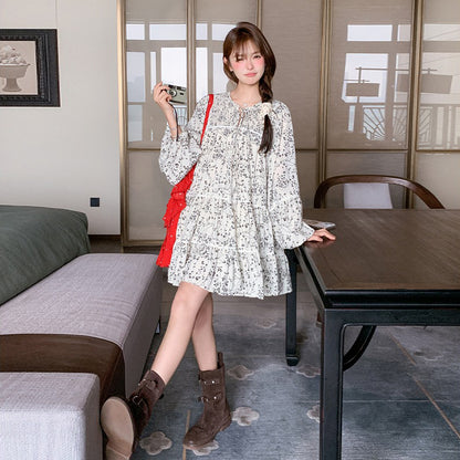 【ワンピース】フレンチ気質 花柄長袖ワンピース レディース 春秋 若見え 可愛い 清楚 ガーリースタイル【SHシリーズ】