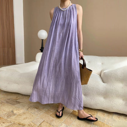 【ワンピース】リラックス感 ホリデースタイル クルーネック ギャザーデザイン ノースリーブワンピース【SNシリーズ】