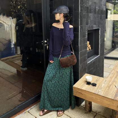 【ボトムス】レトロ風 スカート 初秋新作 ハイウエスト スリム見え 花柄ストレートスカート ドレープ感 スリット入り【SHシリーズ】