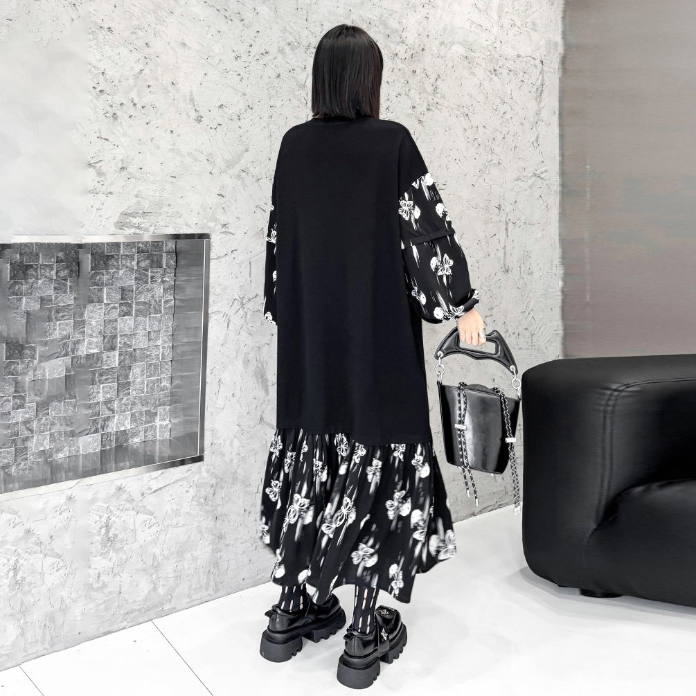 【ワンピース】おしゃれ フェイクレイヤード 切り替えVネックニット 長袖ワンピース ゆったりデザイン Aライン【AHシリーズ】