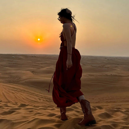 【ワンピース】【旅行・撮影用に】リゾートドレス｜シルク風 ノースリーブワンピース｜ドバイ映えドレス｜バカンス ビーチ ボヘミアン