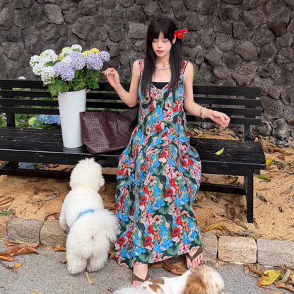 【ワンピース】レトロ キャミワンピース レディース 夏 ゆったり ノースリーブ フレアロング丈 体型カバー リネン風 人気 アートコーデ【SHシリーズ】