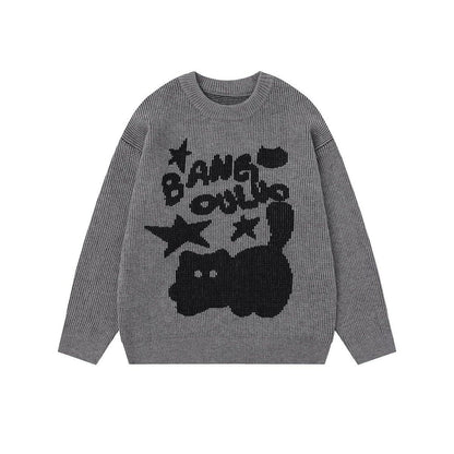 【トップス】アメリカンレトロ 猫柄ジャカード クルーネック ニット レディース 秋 ゆったり ルーズ シンプル 着回し セーター【FCシリーズ】