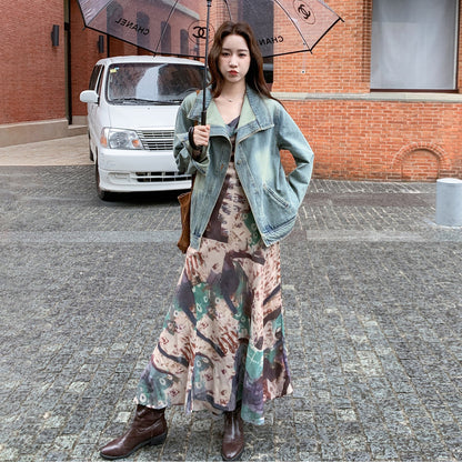 【セットアップ 】レトロデニムジャケット＋花柄キャミワンピースレディース 春秋2025新作 上品ノースリーブワンピース 人気2点セット【SHシリーズ】