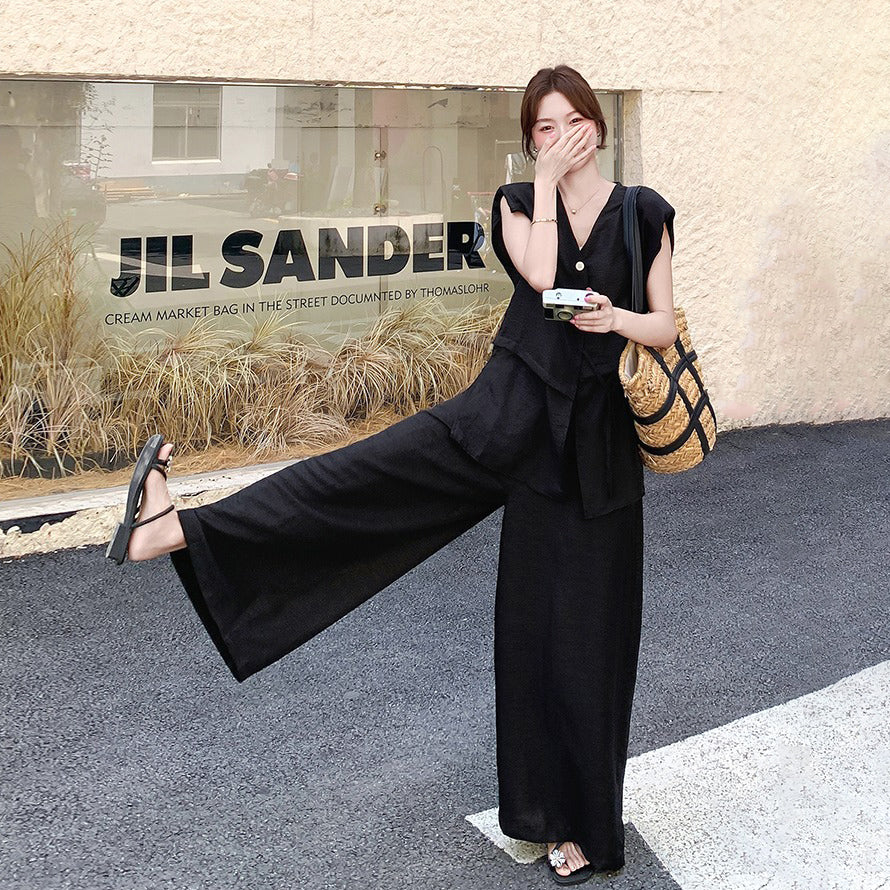 2点セット！【セットアップ】夏 韓国風 通勤 ブラックメッシュ切替 ベスト＋ワイドパンツ 上下セット【JZシリーズ】【SNシリーズ】