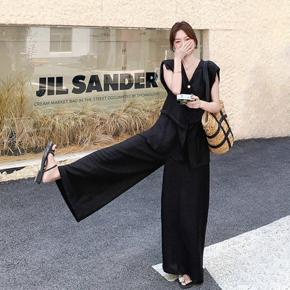 2点セット！【セットアップ】夏 韓国風 通勤 ブラックメッシュ切替 ベスト＋ワイドパンツ 上下セット【JZシリーズ】【SNシリーズ】