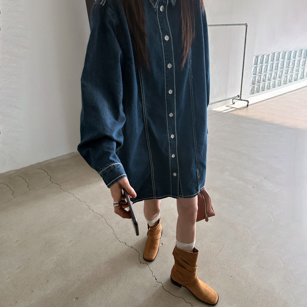 【24AW】【ワンピース】秋 高級感 レトロ ラペル ルーズ デニム 長袖ワンピース