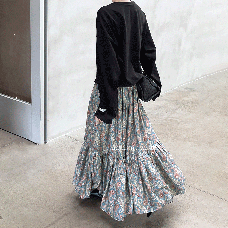 【ボトムス】秋新作 フレンチスタイル ペイズリー柄 切替え フレアスカート リゾート風 レディース コーディネート自在【SHシリーズ】