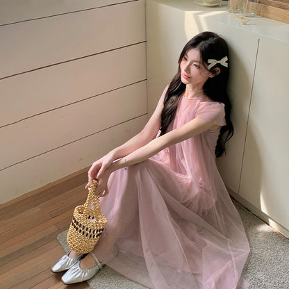 【ワンピース】大人可愛い ピンク チュールワンピース レディース 夏 半袖 上品 2点セット シアー ロング丈 フェミニンワンピース【JZシリーズ】