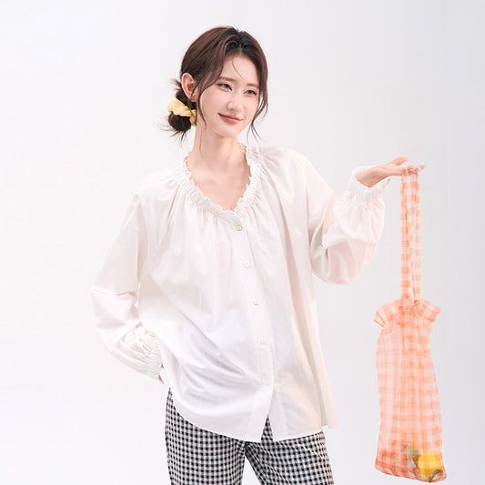 【トップス】海塩ライチ ~ レーヨン混シャツ Vネック プリーツ シャツ レディース ワイドシルエット 長袖【JZシリーズ】