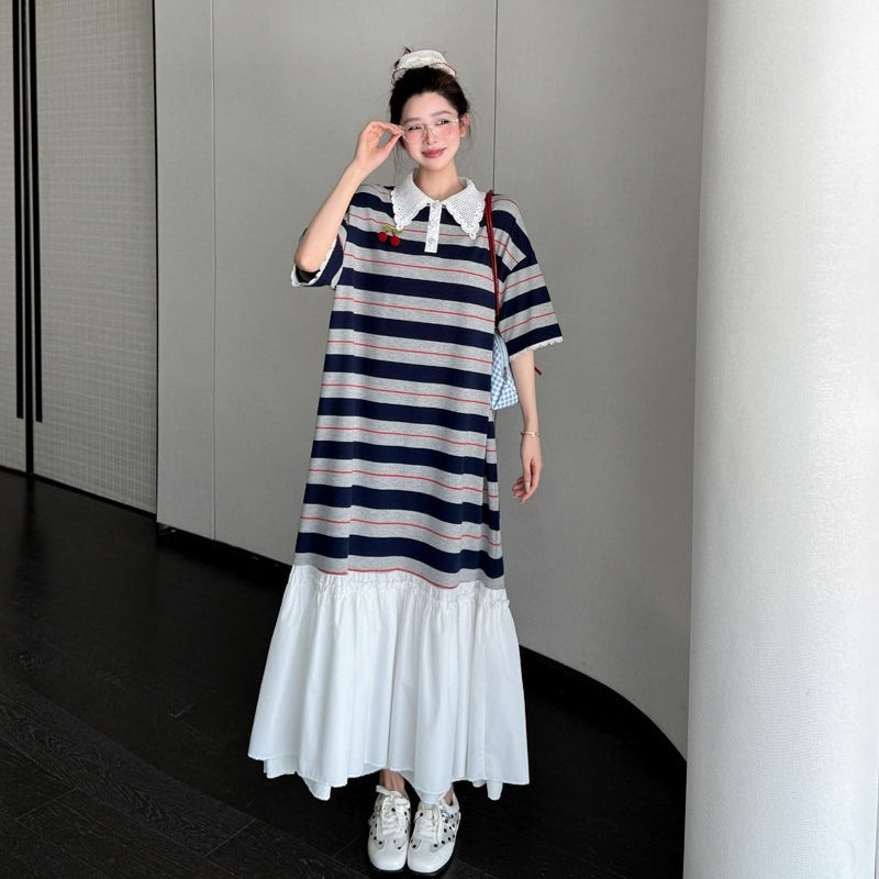 【ワンピース】ポロ襟 着痩せ 配色デザイン 半袖 ワンピース 【JZシリーズ】