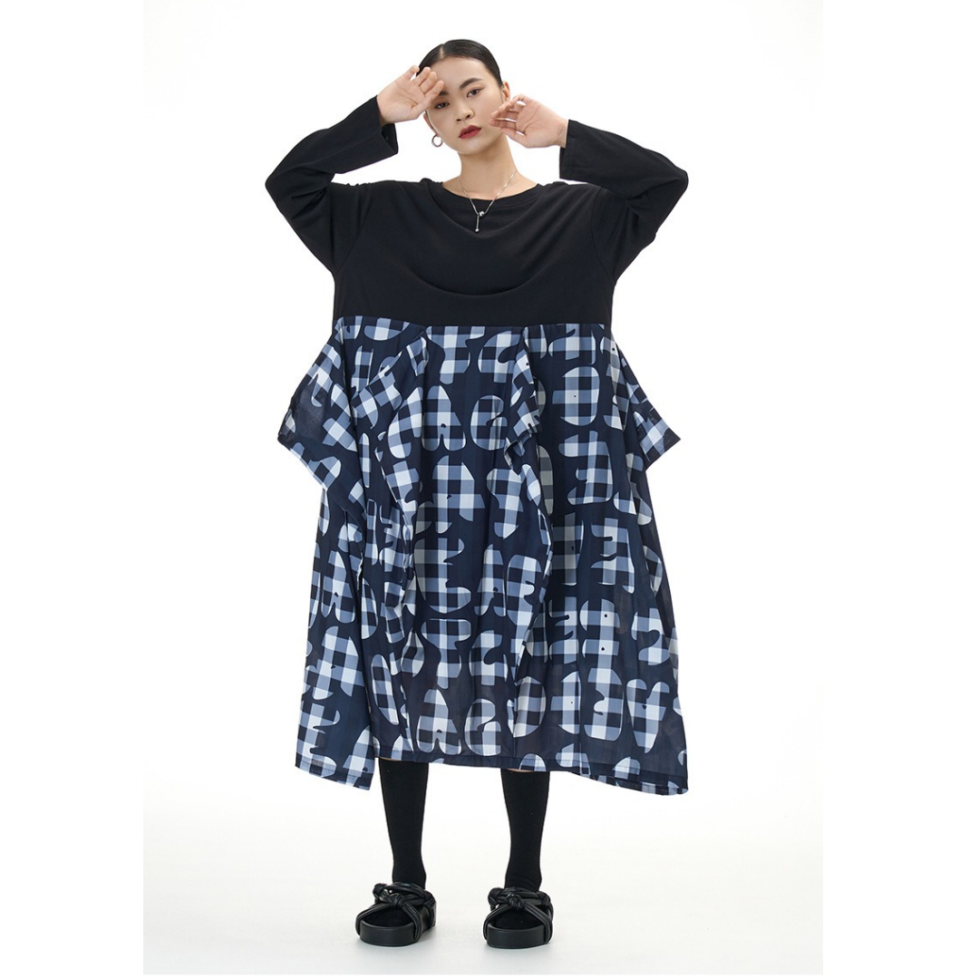 【24AW】【ワンピース】チェック柄 ゆるリラックス 切り替え 長袖 ワンピース