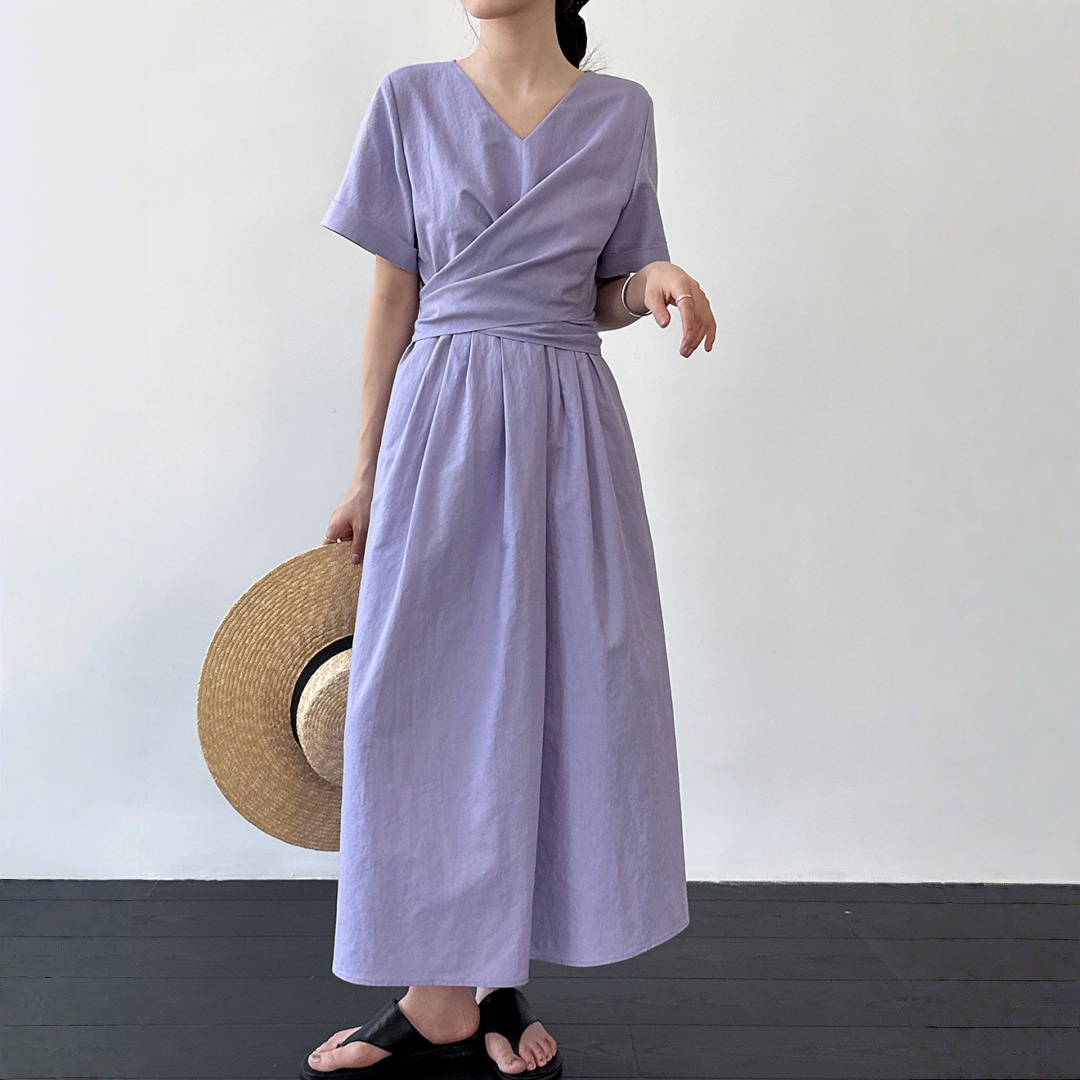 【ワンピース】クロスリボン Aライン コットンリネン 半袖 ワンピース 【JZシリーズ】