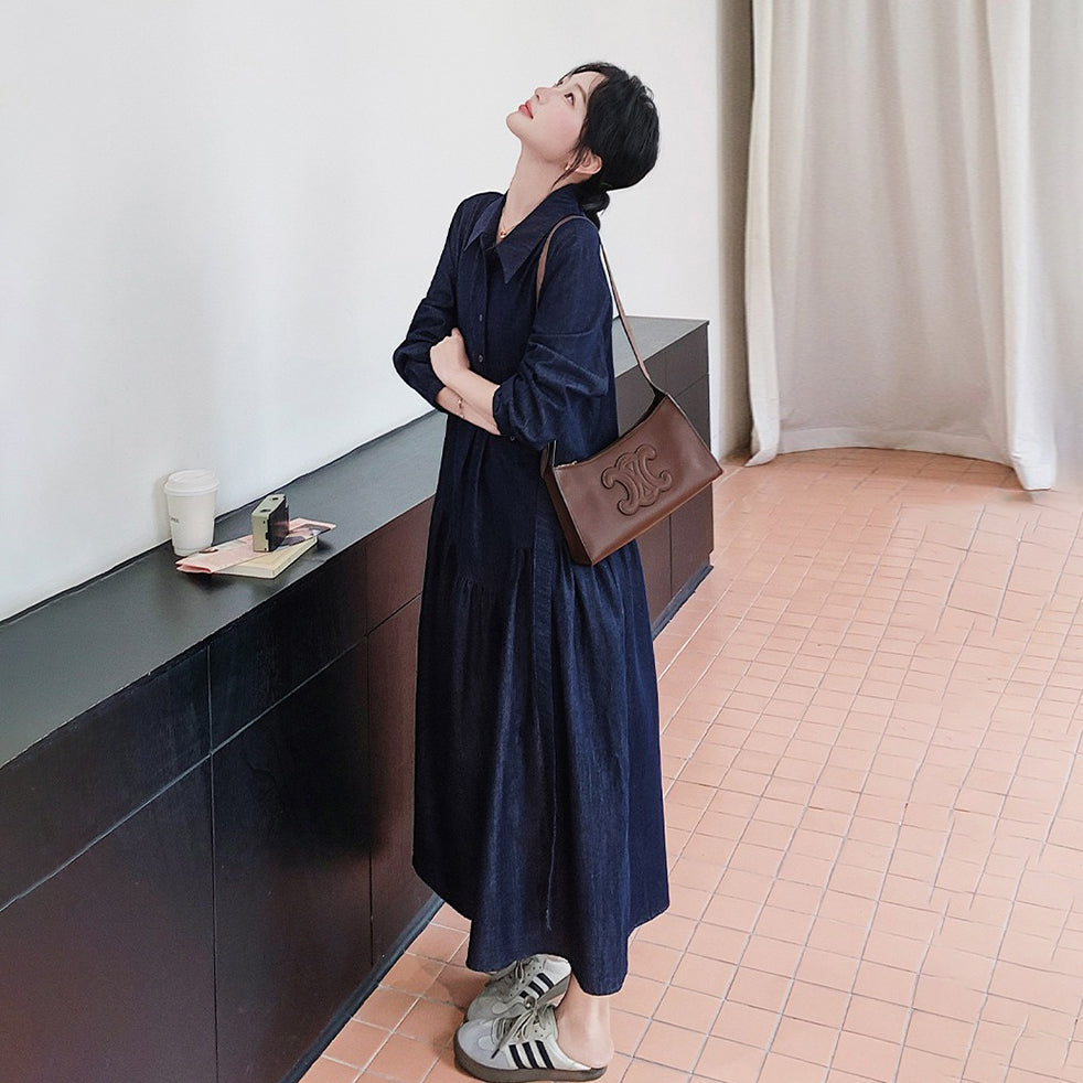 【ワンピース】レトロカジュアル ゆったりデニム 長袖ワンピース レディース フレンチエレガント 学院風 シャツワンピース【JZシリーズ】